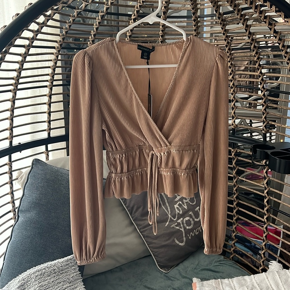 Sincerely Jules Long Sleeve Faux Wrap Tie Front Plisse Top, Tan, Size S